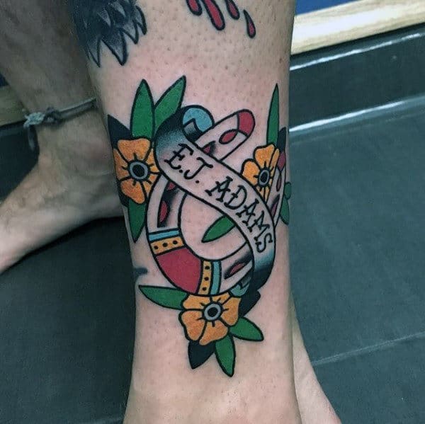 Guys Memorial Horseshoe Lower Leg Tattoo With Traditional Design