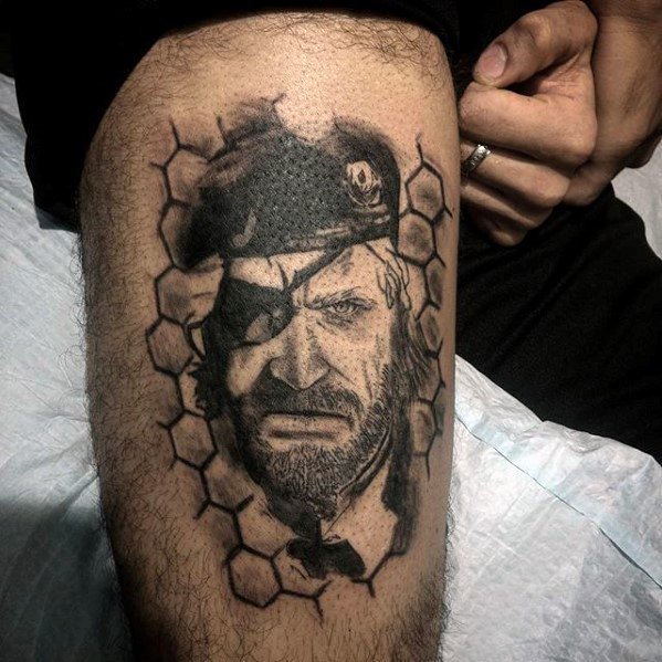 Guys Metal Gear Tattoo Deisgns On Thigh