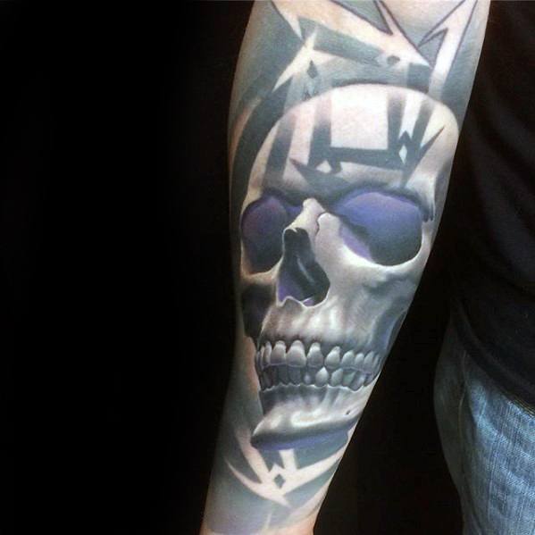 Detailed skull tattoo with purple eyes and Metallica M logo in the background, blending realism and band symbolism on the forearm.