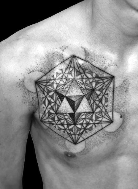 Chest tattoo of Metatron’s Cube with a 3D triangular core, dot-shaded circles, and intricate sacred geometry for a bold dimensional effect.