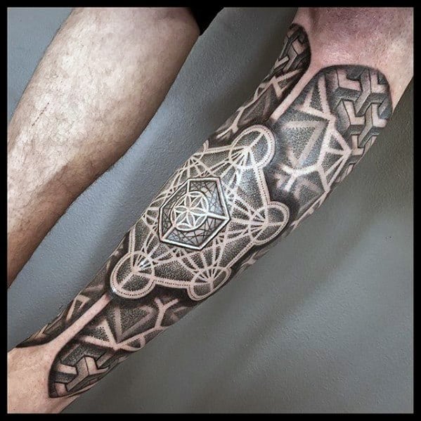 Metatron’s Cube tattoo on the calf with bold geometric shading, 3D effects, and layered sacred geometry patterns.