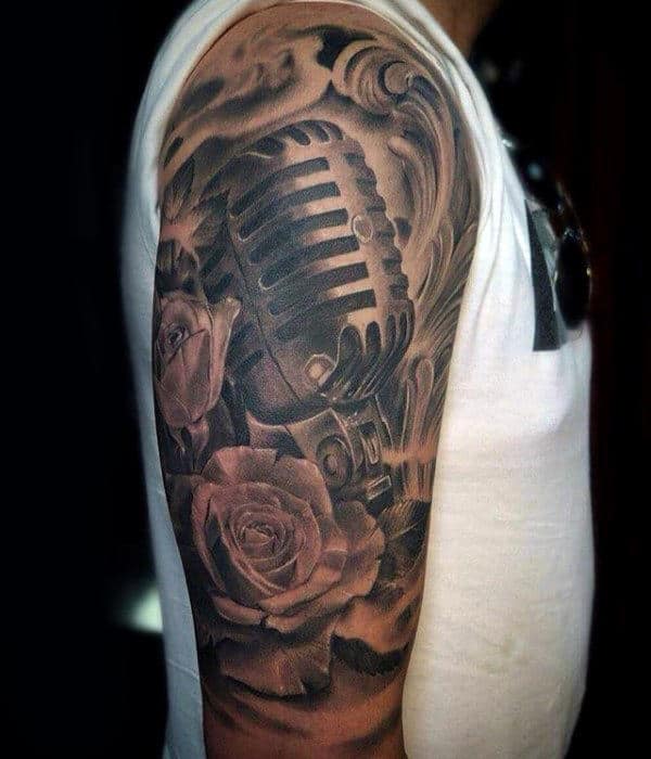 Guys Microphone Rose Flower Tattoo Half Sleeve Design Ideas