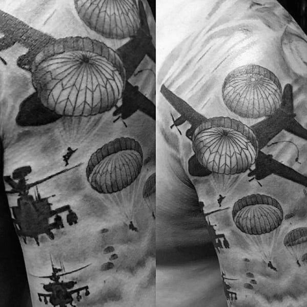 Guys Military Arm Parachute Tattoo Design Ideas