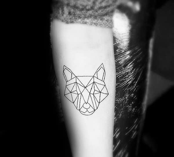 Guys Minimalist Geometric Wolf Tattoo On Inner Forearm With Black Ink Outlines