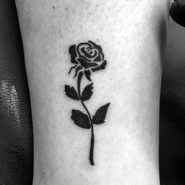 Guys Minimalist Small Black Ink Rose Flower Arm Tattoo