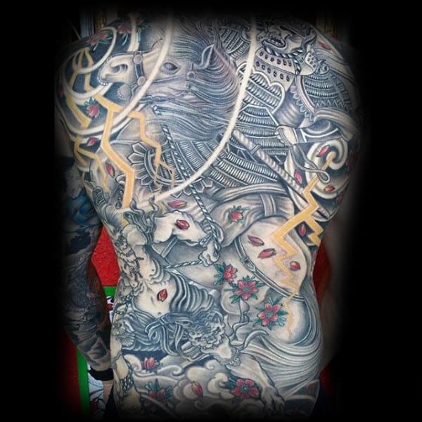 Guys Modern Abstract Full Back Tattoo Of Samurai On Horseback