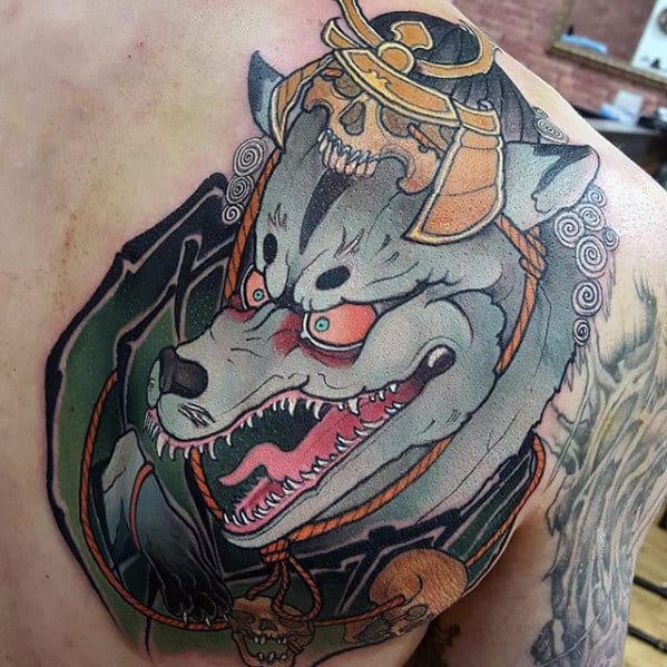 Guys Modern Kitsune Samuari Helmet Shoulder Tattoos