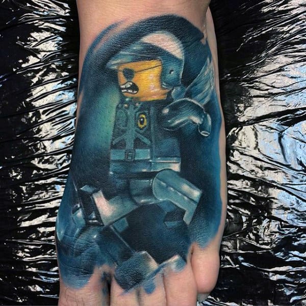Guys Modern Lego Watercolor Foot Tattoo Design Inspiration