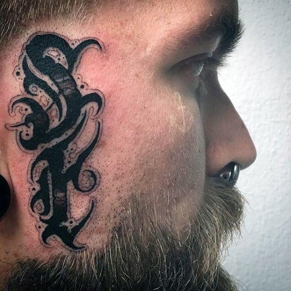 Guys Modern Lettering Black Ink Face Tattoo Designs