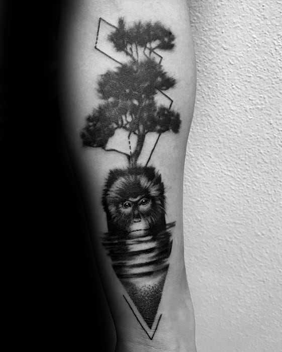 Guys Monkey Ree Geometric Forearm Tattoo Design Ideas