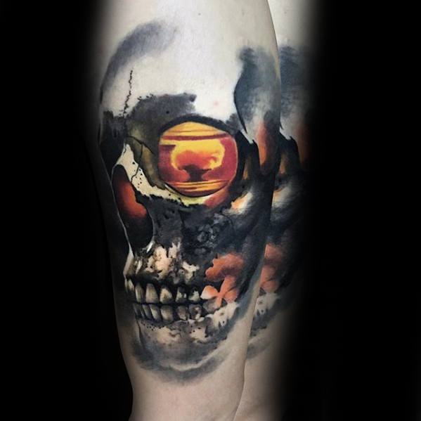 Guys Morph Tattoo Forearm Skull With Explosion Blast Design