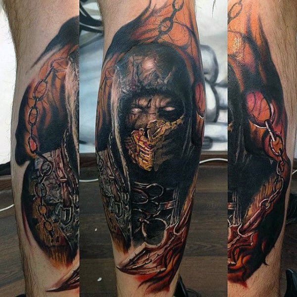 Guys Mortal Kombat Scorpion Leg Tattoos