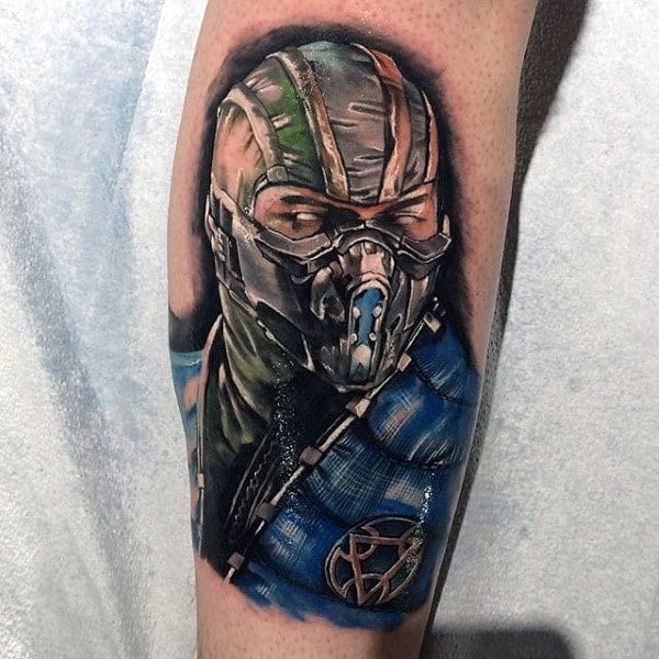 Guys Mortal Kombat Sub Zero Tattoo On Back Of Leg Calf