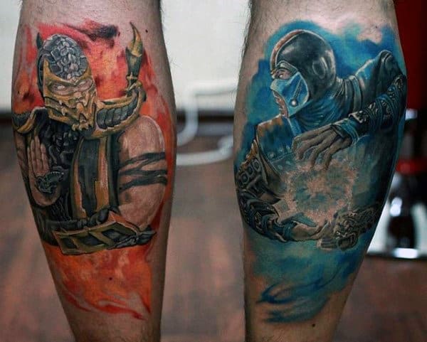 Guys Mortal Kombat Watercolor Back Of Legs Tattoos