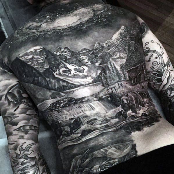 Guys Mountain With Night Sky Badass Landscape Back Tattoos