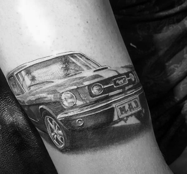 Guys Mustang Front Of Car Tattoo On Arm
