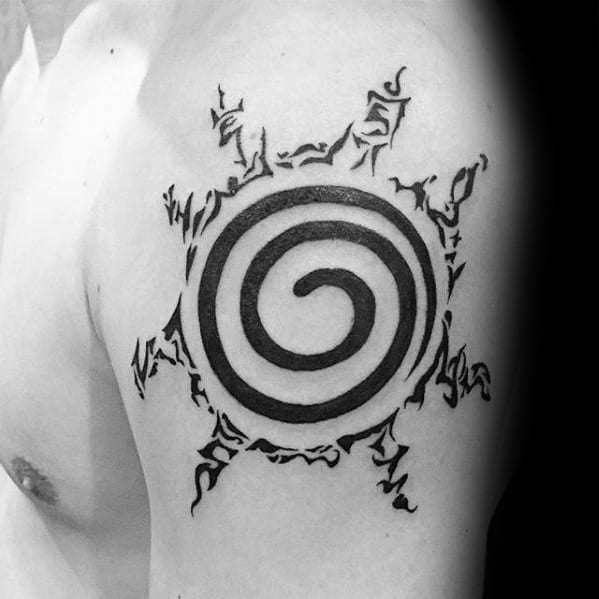 Black spiral sun tattoo with jagged edges on a person's upper arm, reminiscent of Naruto's iconic style
