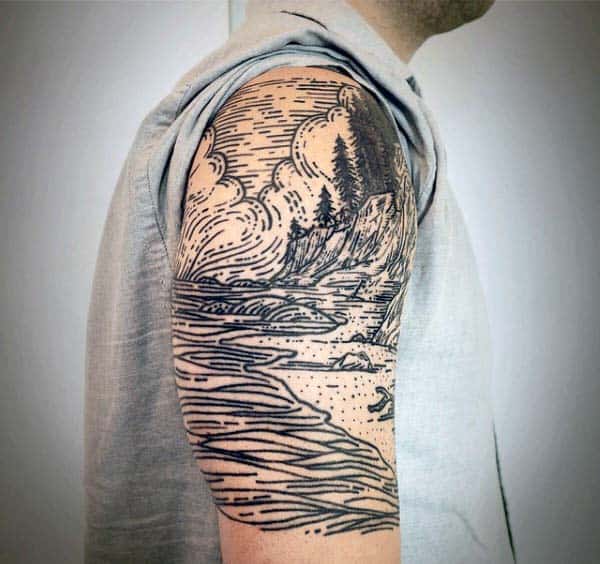 Guys Nature River Woodcut Half Sleeve Tattoo Ideas