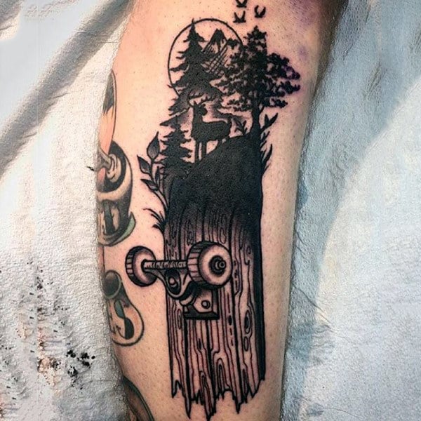 Guys Nature Wood Skateboard Tattoo Design On Arm