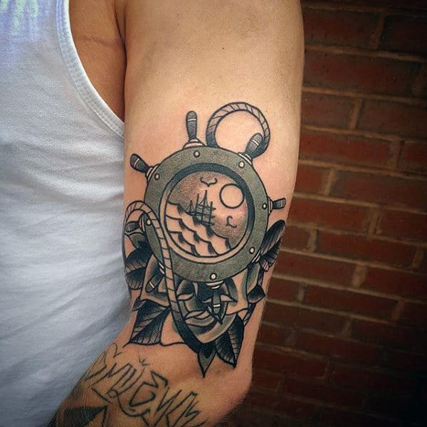 Guys Nautical Themed Rose Flower Traditional Lower Arm Tattoos