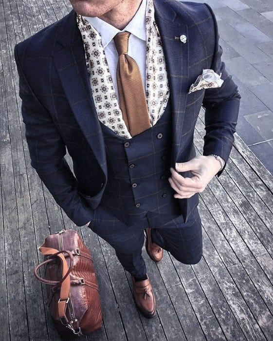 Guys Navy Blue Suit Brown Shoes Style Fashion Inspiration