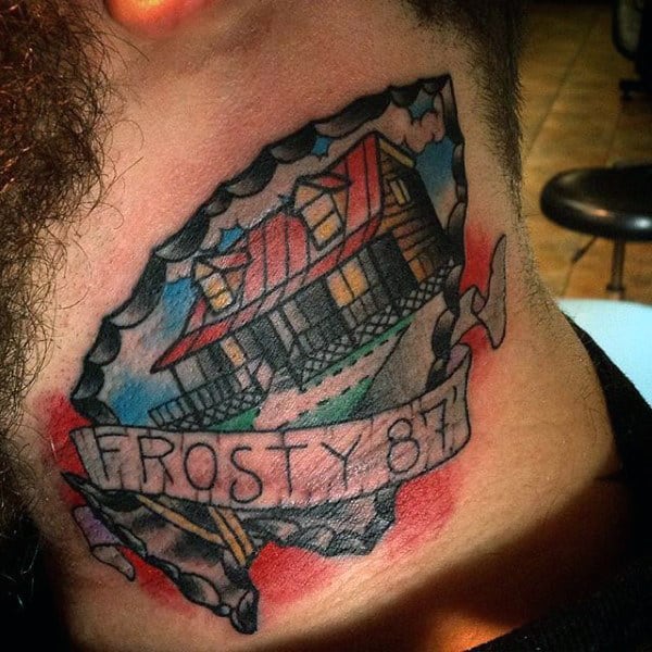 Guys Neck Arrowhead Tattoo With Lettering