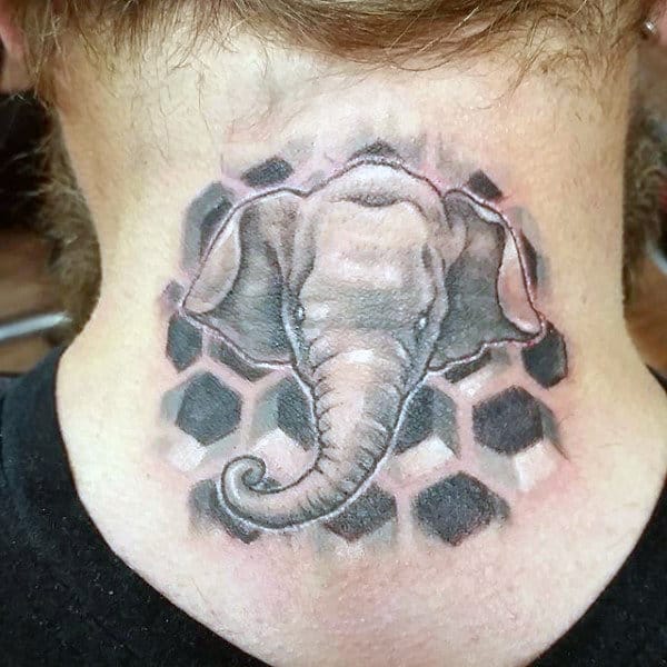 Guys Neck Grey Elephant In Honeycomb Background Tattoo
