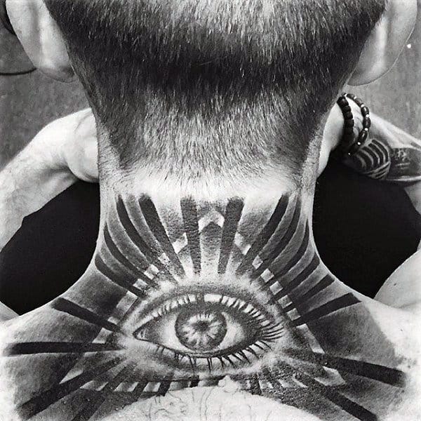 Guys Neck Grey Illuminati Tattoo