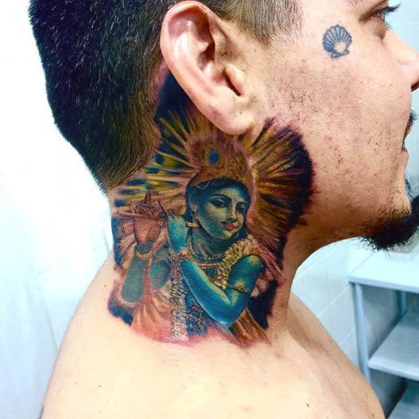 Vibrant Krishna neck tattoo featuring a blue-skinned Krishna playing the flute, with a radiant golden halo and peacock feather above his head.