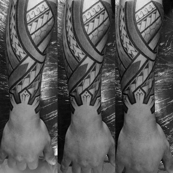 Guys Negative Space Sun Wrist And Forearm Polynesian Tribal Tattoos