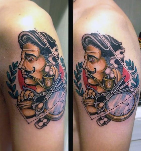 Guys Neo Traditional Barber Scissors Upper Arm Tattoos