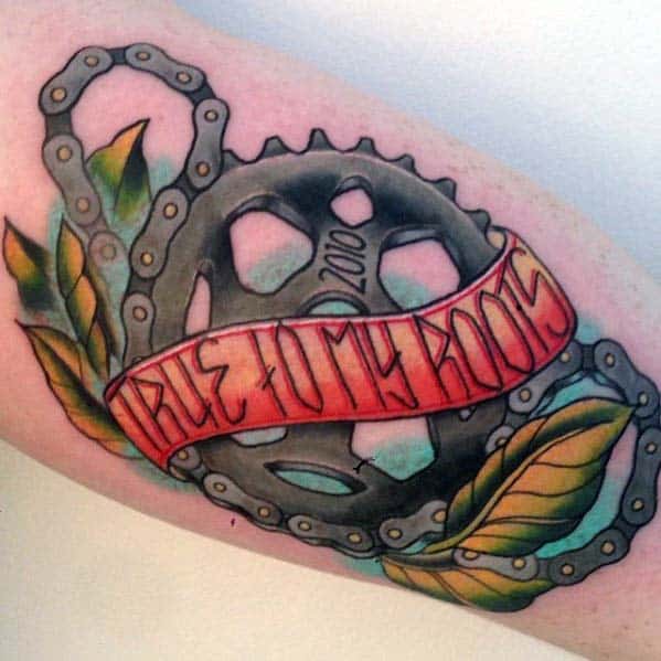 Guys Neo Traditional Gear And Chain With Banner Bmx Arm Tattoo