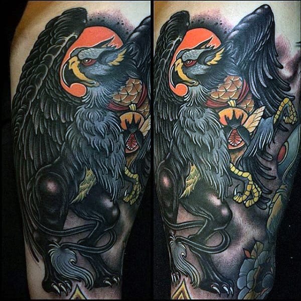 Guys Neo Traditional Griffin Thigh Tattoo Design Ideas