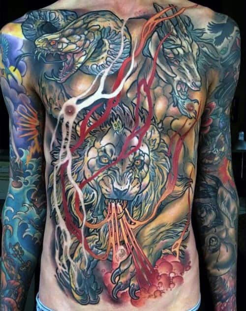 Full chest neo-traditional lion tattoo with fiery breath, dynamic lines, and mythical elements for a bold and dramatic warrior look.