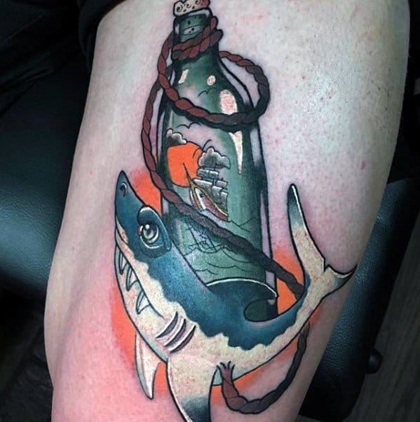 Neo-traditional shark tattoo wrapped around a bottle with a ship inside, bold outlines and orange background shading.