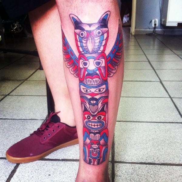 Guys Neo Traditional Totem Pole Shin Tattoo