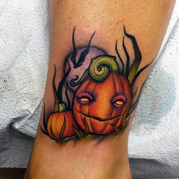 Guys New School Pumpkin Patch Tattoo With Moon