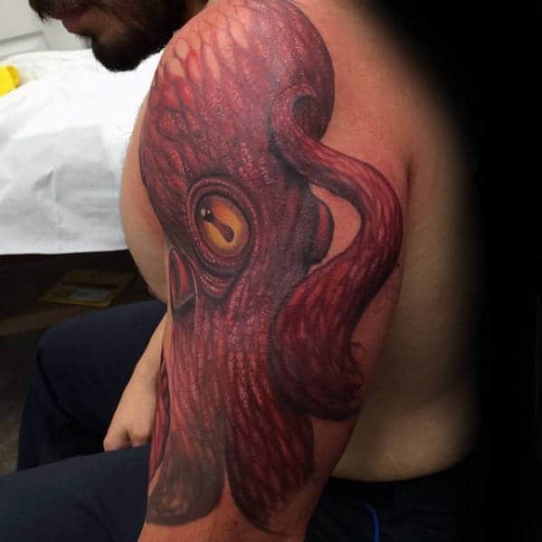 Guys New School Red Octopus Arm Tattoos