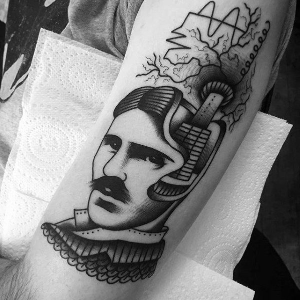 Blackwork tattoo of Nikola Tesla with a coiled wire headpiece, electric currents, and stylized waveform above his head.