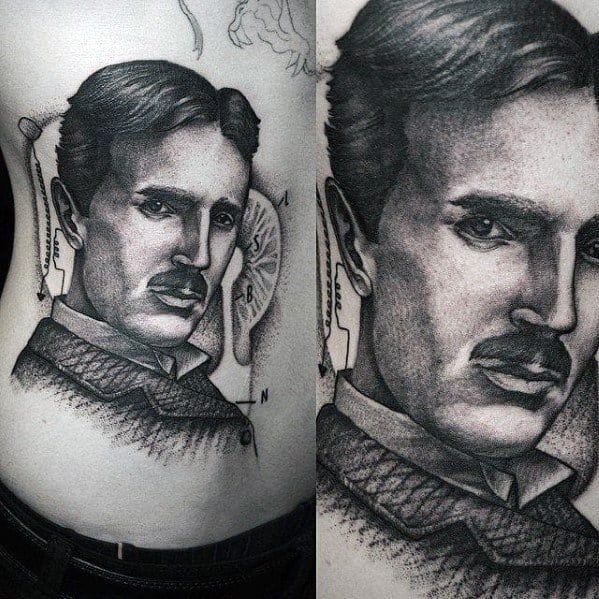 Dotwork tattoo of Nikola Tesla with magnetic symbols and technical sketches in the background for a scientific aesthetic.