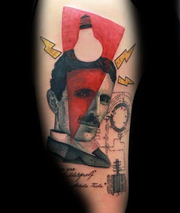 Artistic Nikola Tesla tattoo with a red geometric overlay, lightbulb above his head, lightning bolts, and circuit diagrams in the background.