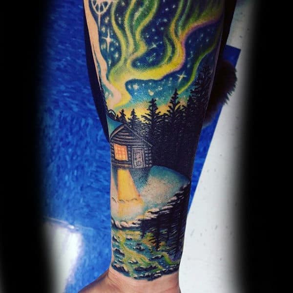 Guys Northern Lights Cabin In The Woods Sleeve Tattoo On Forearm
