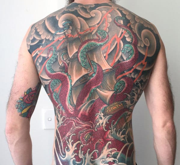 Guys Octopus Kraken Japanese Full Back Tattoo