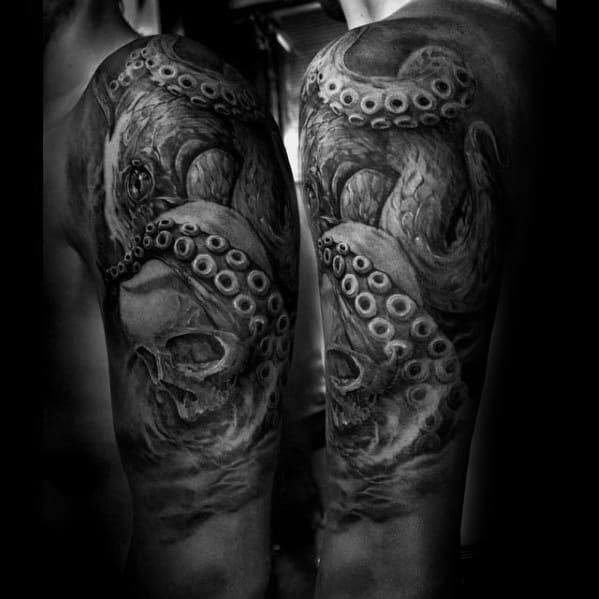 Octopus entwined around skulls, with detailed shading and dramatic contrasts, creating a dark, dynamic full-arm design.