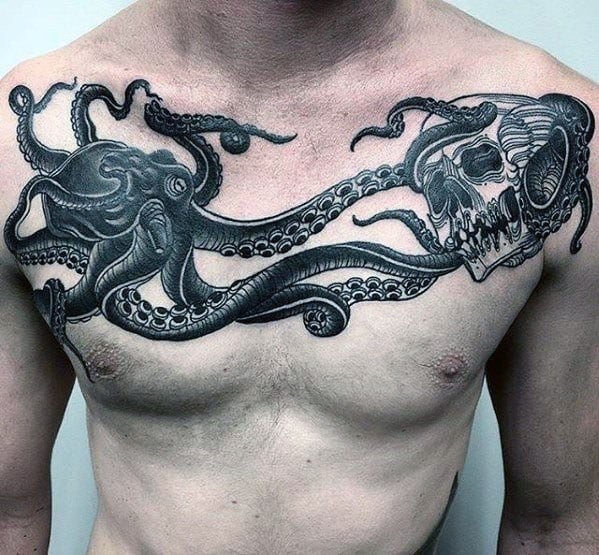 Octopus intertwining with a skull across the chest, with detailed shading and smooth line work, creating a bold and dramatic design.