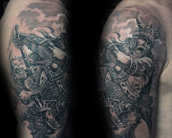 Guys Odin Battlefield Tattoo Design On Arm