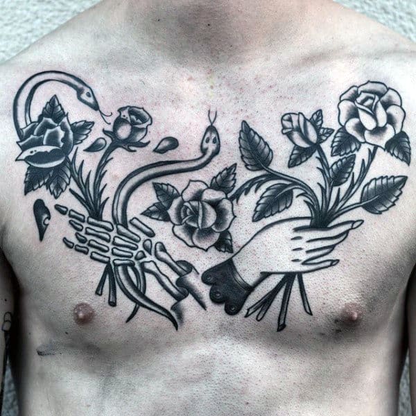 Guys Old School Flower And Hands Life And Death Chest Tattoo
