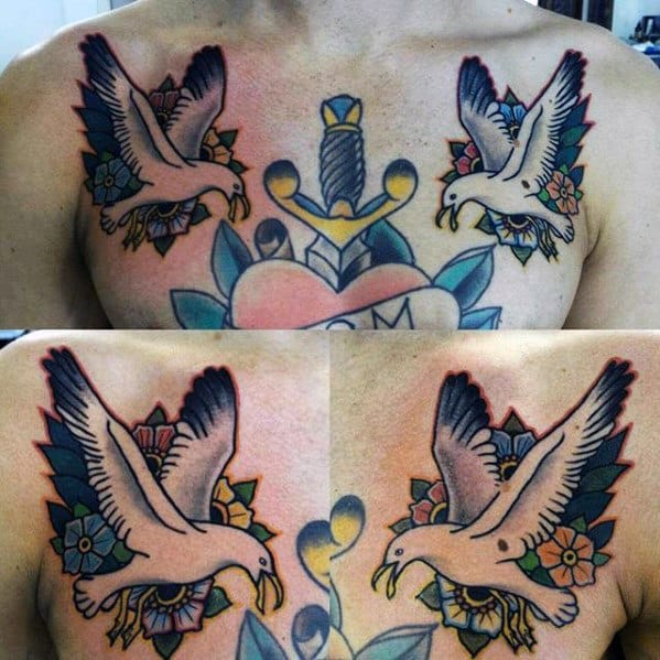 Guys Old School Flying Seagulls Upper Chest Tattoo