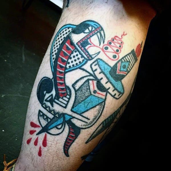 Guys Old School Manly Small Snake Dagger Leg Calf Tattoo
