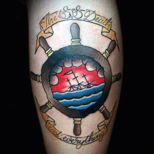 Guys Old School Ship Wheel With Quote Tattoos On Arm